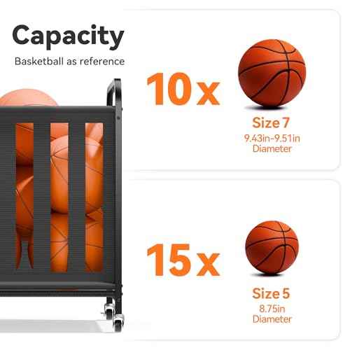 niffgaff Large Rolling Ball Storage Cart ? Metal Ball Bin with Lockable Wheels and Elastic Straps, Holds Basketballs, Soccer Balls, Toys and Sports Equipment, Indoor & Outdoor Organizer ? Black