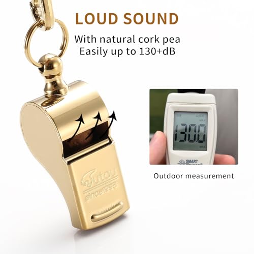 Golden Metal Whistle with Lanyard for Coaches Police - Large 130+dB Brass Ti-Gold Plated