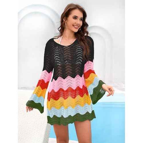 BB&KK Womens Crochet Swimsuit Cover Up Long Sleeve Summer Bathing Suit Color Block Bikini Mesh Knit Swimwear Beach Dress 2025