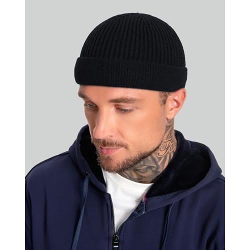 ROYBENS Short Fisherman Beanie for Men Women, Wool Warm Winter Hat, Swag Knit Cuff Soft Trawler Beanies Watch Cap Skull Caps