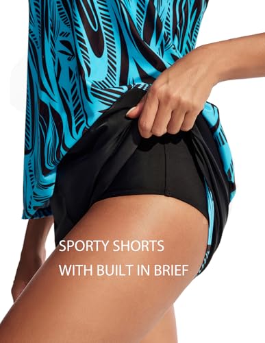 Women’s Tankini Swimsuit Set with Athletic Pockets - Blue Ripples, XL