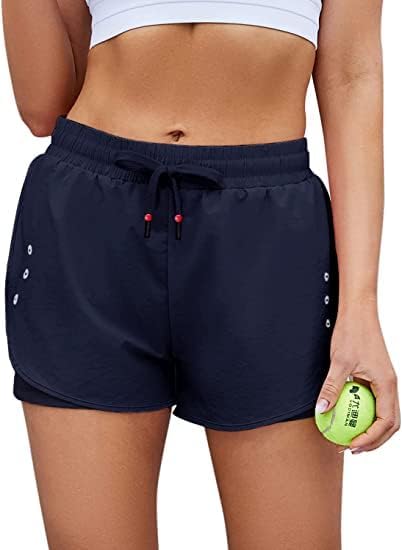 KOJOOIN Athletic Shorts for Women Quick Dry, High Waisted Womens 2 in 1 Running Shorts Lightweight Workout Gym Shorts Women with Pocket Dark Blue