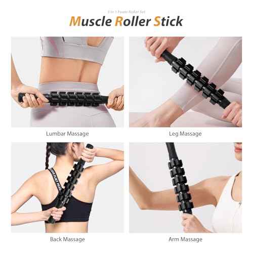 5 in1 Foam Roller Set, Trigger Point Foam Roller, Massage Roller Stick, Massage Ball, Resistance Band for Deep Muscle Massage Pilates Yoga,Fitness Exercise for Whole Body (Black-Red)