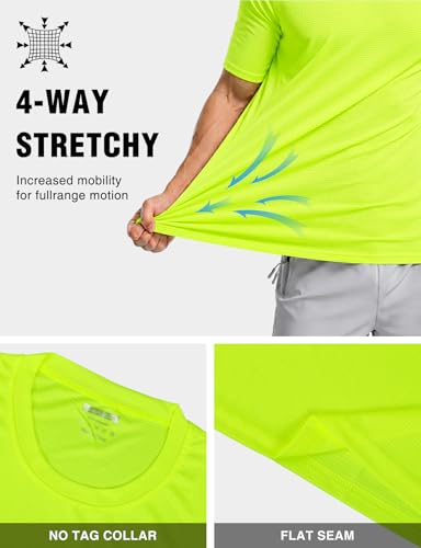Men's Short Sleeve Athletic Mesh T-Shirt - Quick Dry, Breathable, Muscle Fit, Neon Yellow, Medium