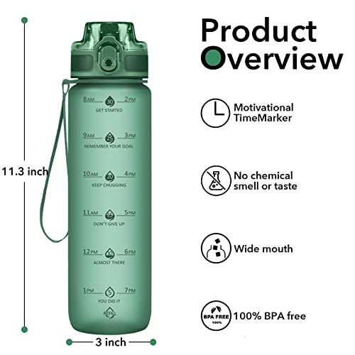 32oz Water Bottle with Time Marker & Strap - Green Motivational Drinkware