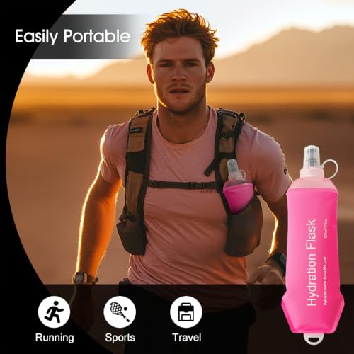 Pink 500ml Collapsible Soft Water Bottle - TPU Hydration Flask for Running Hiking Cycling
