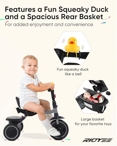 RIDYEE Foldable Toddler Tricycle with Push Handle - Grey