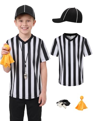 Redgino Kids Referee Uniform Kit V Collar Medium - Includes Shirt, Hat, Flag & Whistle