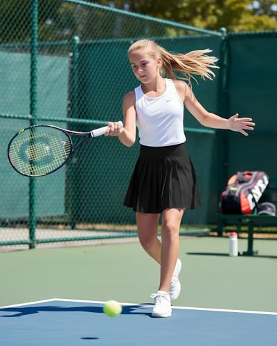 Girls Tennis Skirts with Pockets & Liner High Waisted Athletic Skort Black 7-8Y