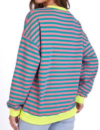 Pink Oversized Striped Sweatshirt for Women - Fall 2026 Crewneck Pullover, X-Large