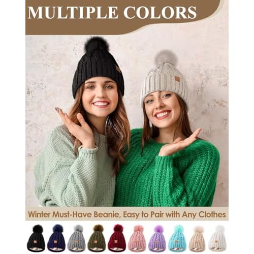 Winuesa Satin Lined Beanie for Women with Pom Pom, Fashionable Womens Winter Hats Silk Beanies, Cute Warm Knit Hat Skull Cap