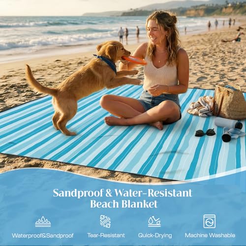OIGAE Waterproof Sandproof Beach Blanket 7x7 ft Blue Wave Stripes - Oversized Family Mat