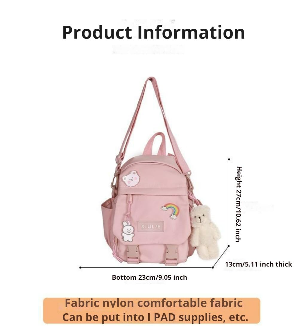 AlmondJoy Mini Backpack Aesthetic Backpack Cute Canvas Backpack Casual Travel Daypacks Solid Color (Bag Badge Bear,White)