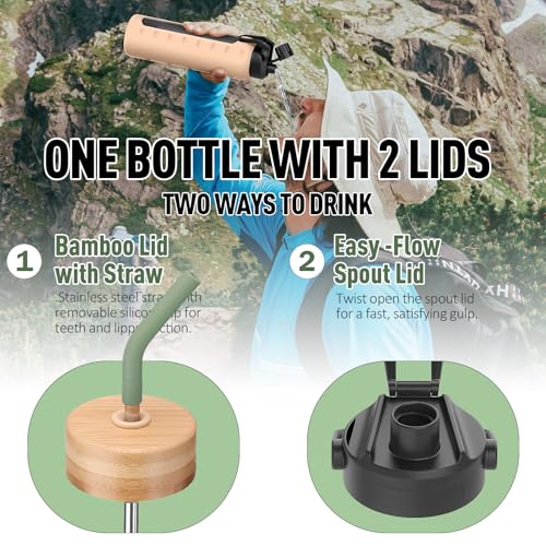 Dark Olive 24oz Glass Water Bottle with Dual Lids, Straw & Handle