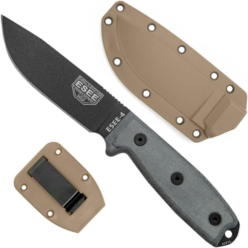 ESEE 4P Survival Knife - Field Tested Fixed Blade Knife with Molded Polymer Sheath & Clip Plate, Full Tang, Plain Edge - Durable Outdoor Camping Blade with Sheath for Survival