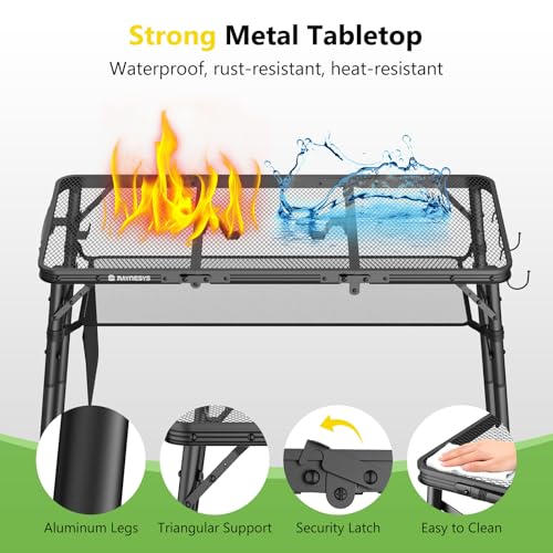 Portable Folding Camping Grill Table - 35x16 Inch, Adjustable Height, Lightweight, Rust-Resistant Outdoor Table, Black
