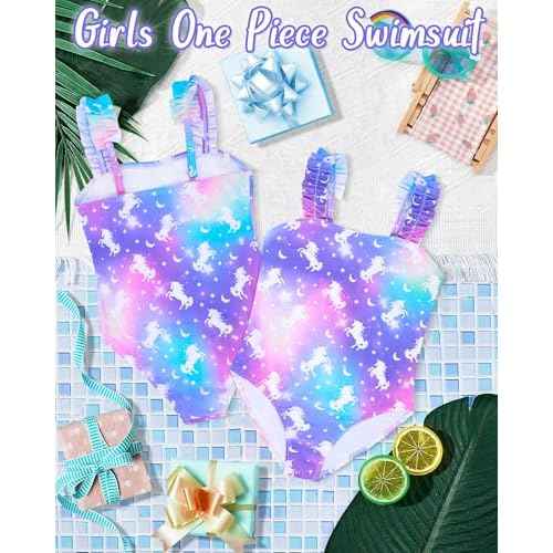 Girls Swimsuits One-Piece Bathing Suits Summer Kids Beach Swimwear Suits with Adjustable Strap Quick Dry Rainbow Unicorn