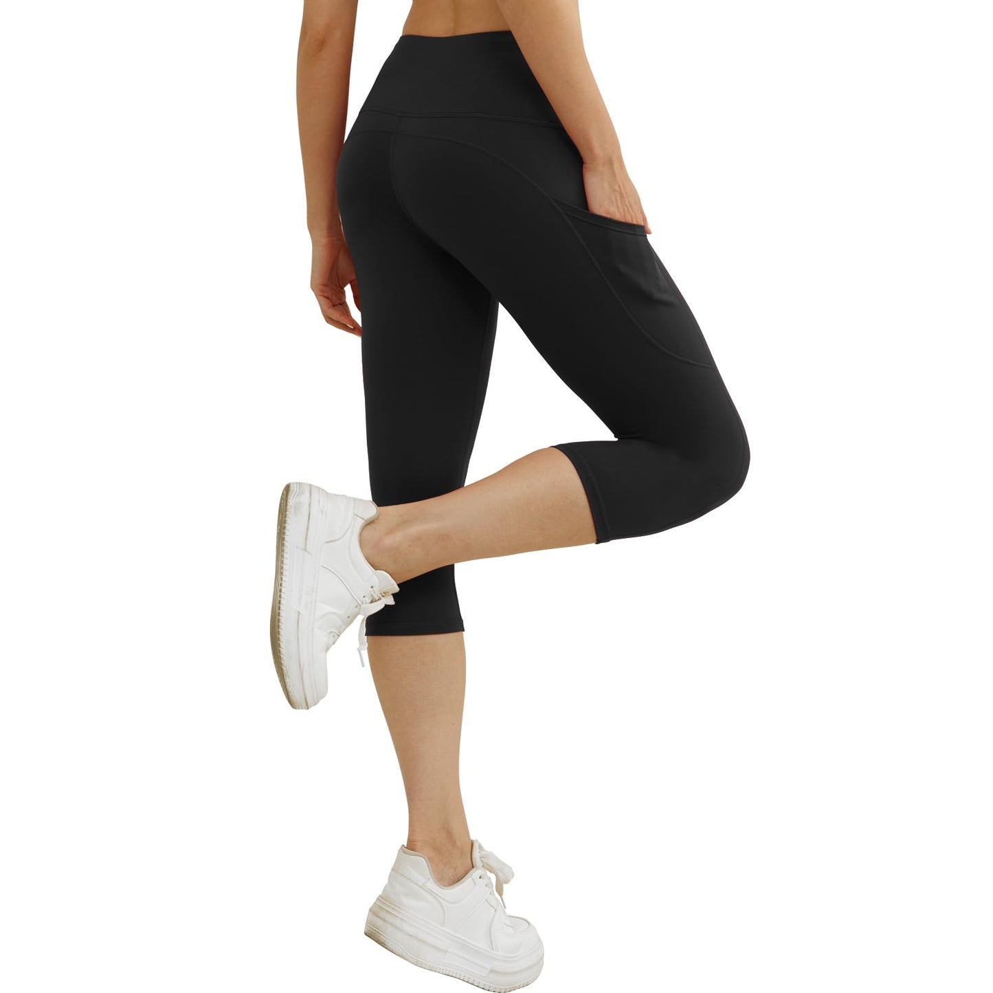 Match Women's Tummy Control High Waisted Active Yoga Pants with Pockets Buttery Soft Workout Leggings (Capris Black, Large)