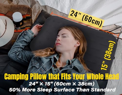 Inflatable Camping Pillow Large 24x15in with Removable Cover Gray