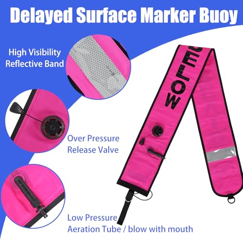 Pink 5ft Surface Marker Buoy Set with Reflective Strip and 100ft Reel for Diving