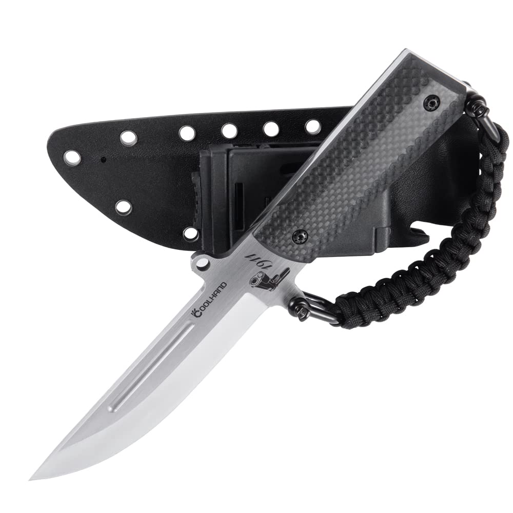 Cool Hand 10.5'' Fixed Blade Hunting Knives, Heavy Duty Survival Knife with Sheath, Drop Point 0.2" Thick 7Cr Steel Blade, Replaceable 1911 Carbon Fiber Grips Handle