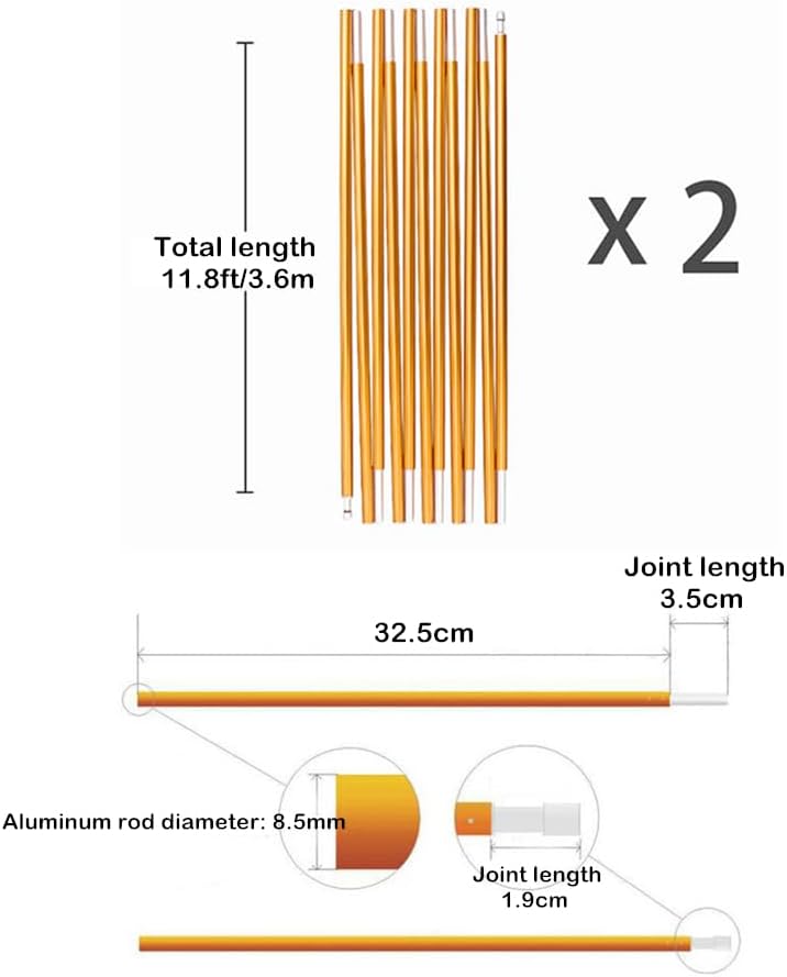Aluminum Tent Poles Replacement,2 Pack 11.8 ft 7001 Alloy Bar Preassembled Tent Pole Accessories for Hiking Camping Supporting Rod Repair Kit