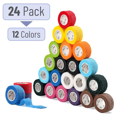 Self Adhesive Bandage Wrap 1 Inch x 5 Yards, 24 Pack - Assorted Colors