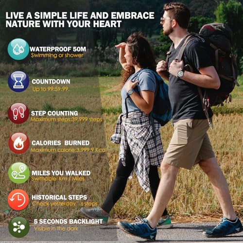Men's Pedometer Watch for Walking Step Counter No Charging No App Black TIMEURE-2308