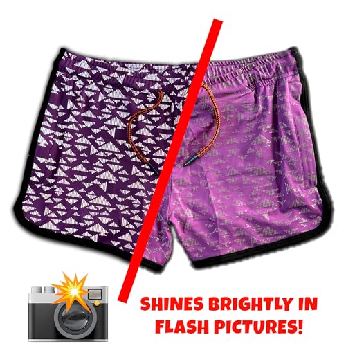 Mens Running Booty Shorts, Zippered Pockets, Rave & Party Short Flash Reflective Gay Rainbow VPL 3in Inseam Shorts (Purple Reflective Triangles, S)