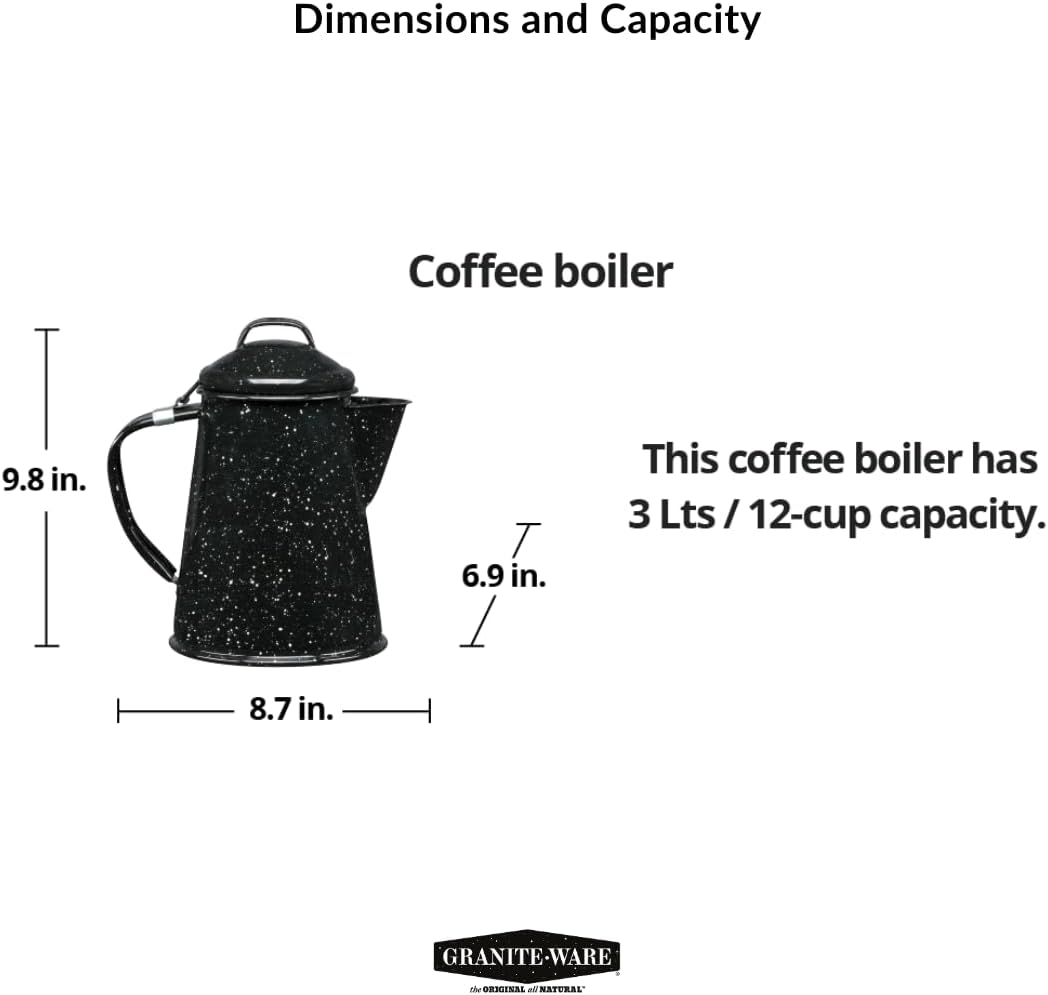 Granite Ware Coffee Boiler, 3-Quart - Stovetop or Campfire Coffee Pot, Durable Enameled Steel for Rapid Heat Absorption, Energy Efficient Design for Outdoor Adventures (Speckled Black)