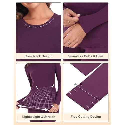 YADIFEN Women Thermal Underwear Set,Long Johns for Women Base Layer with Fleece Lined Long Underwear Top Bottom Cold Weather Purple