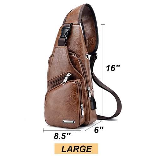 Peicees Pack of 2 Large Leather Sling Bag Mens Crossbody Bag Chest Bag Sling Backpack for Men with USB Charge Port, Dark Brown&Black