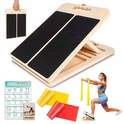 Wooden Slant Board for Calf Stretching, Portable Adjustable Calf Stretch Board with Training Poster & Resistance Bands, 300lb Weight Capacity Calf Ankle Achilles Physical Therapy Leg Exercisers