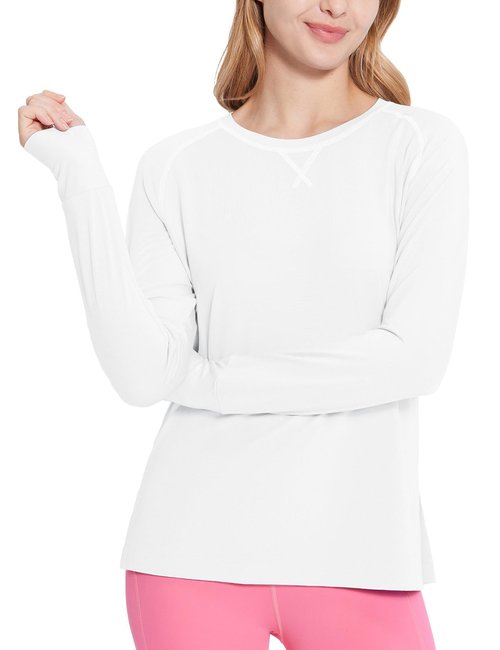 baleaf Women's Long Sleeve Workout Tops Loose Athletic Shirts Crew Neck Yoga Top Running Hiking Raglan Tee SPF White XS