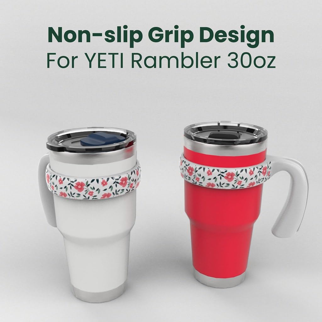 HOUSYLOVE for YETI Handle 30 oz Tumbler, Compatible for YETI 30 oz Tumbler Handle & YETI Cup Holder, Handle for YETI 30 oz Tumbler with Anti-Scratch Pink Floral Design for Girls Woman, White, 1 Pack
