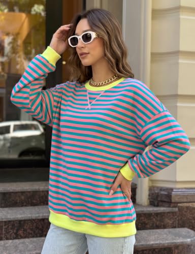 Pink Oversized Striped Sweatshirt for Women - Fall 2026 Crewneck Pullover, X-Large
