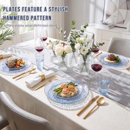 Clear Blue Plastic Plates with Gold Rim - Hammered Design, Disposable Party Dinner & Dessert Plates, 60Pcs, Variation: Clear Blue Gold