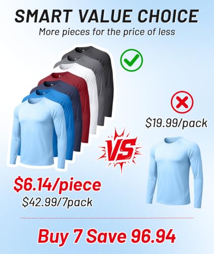 Men's Long Sleeve Sun Protection Base Layer Shirts - 7 Pack Light Blue & Dark Blue