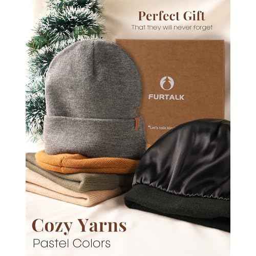 FURTALK 2 Pack Satin Lined Beanie for Men Women Acrylic Winter Hats Warm Silky Skull Cap