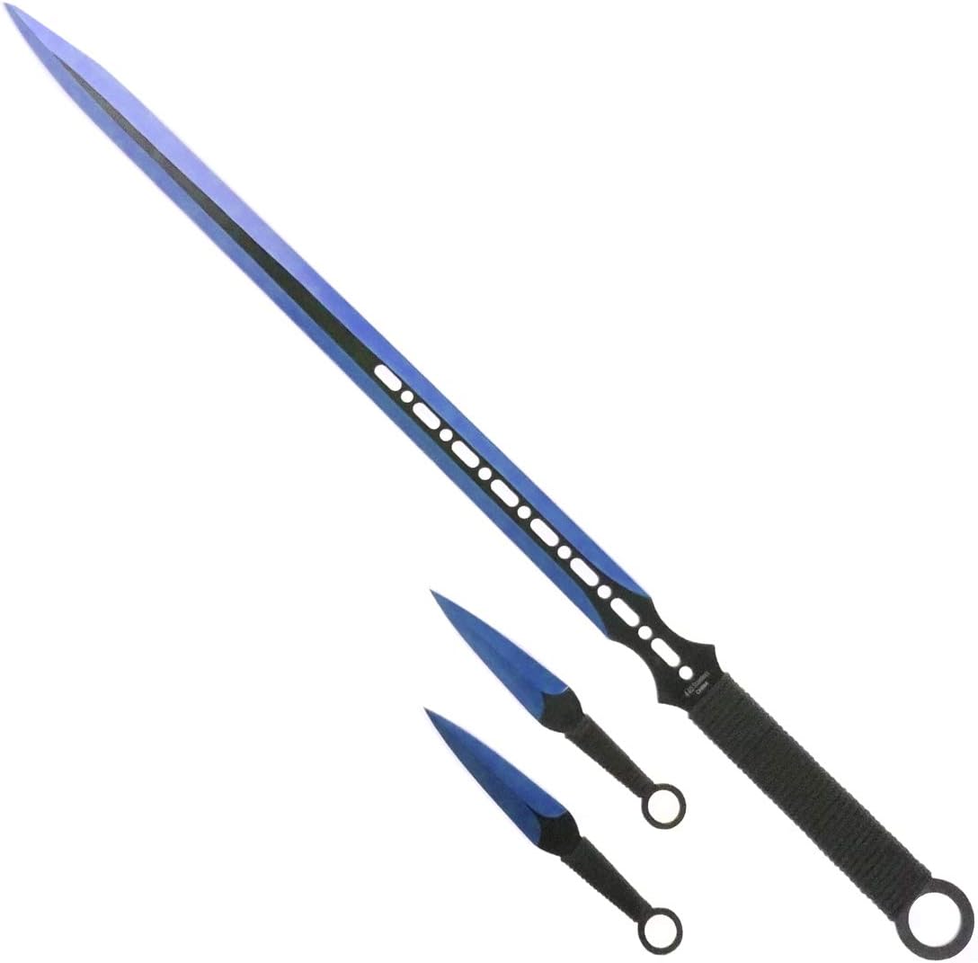 Fixed Blade Machete Set with 2 Throwing Knives. for Camping, Outdoor Sports, Collections and Gift (Blue-23)