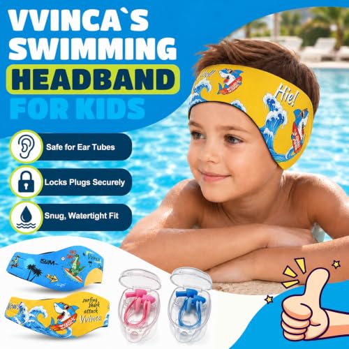 Kids Swim Headband with Earplugs and Nose Clip Set - Shark & Dinosaur Variation 05