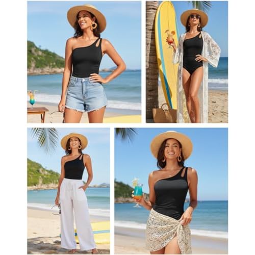 Holipick One Shoulder One Piece Swimsuit for Women Tummy Control Bathing Suits Modest Full Coverage Keyhole Swimwear