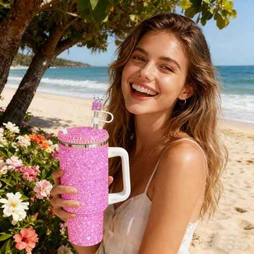 3Pcs Crown Diamond Straw Toppers Set for Stanley Cup - Bling Straw Covers with Glittering Rhinestones for 30 & 40 Oz Tumblers,21 Colors for Princess Girls Gift (Hot Pink)