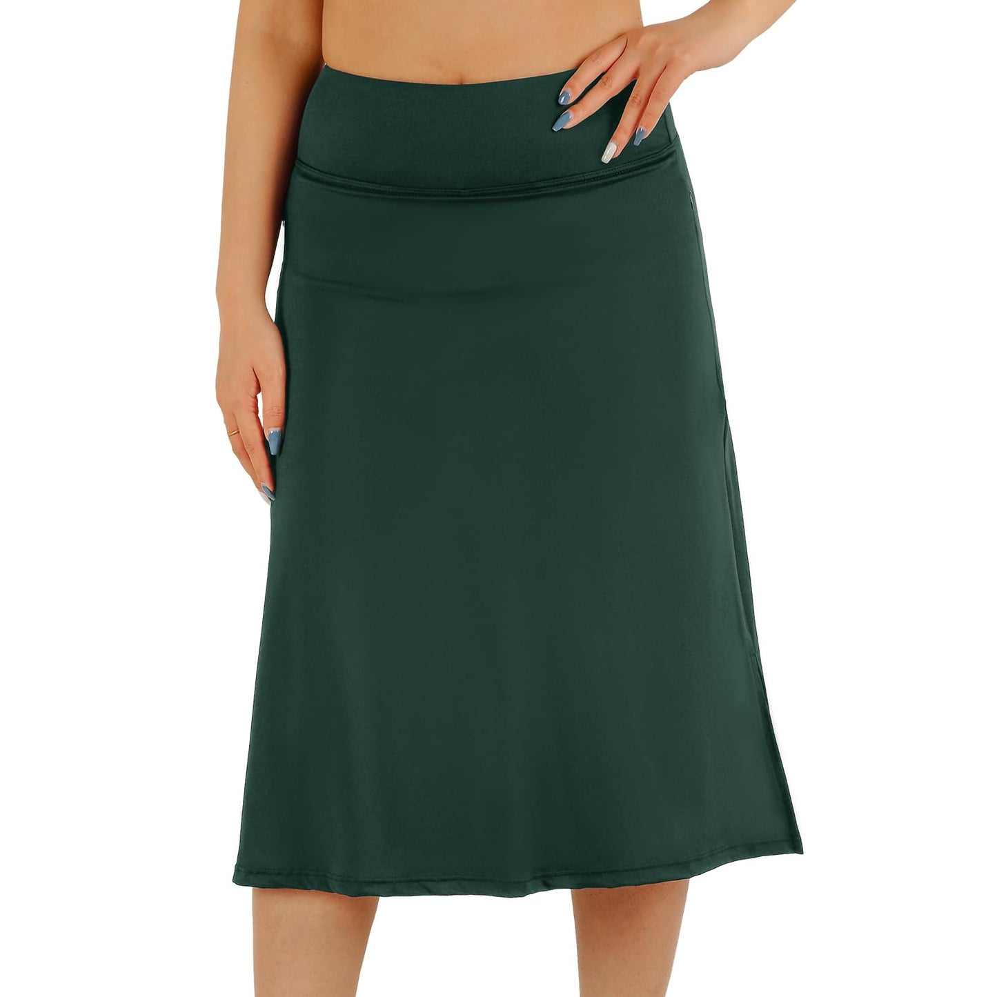 CZRLHYT Women's Green Solid Midi Skort with Shorts, Size Medium (30 inches), 2 Pockets, High Rise, Regular Fit, Machine Wash, Perfect for Work, Date, or Casual Wear
