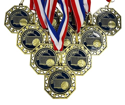 Volleyball Medals Pack of 10 with Ribbons - Gold Award Medallions for Sports Recognition