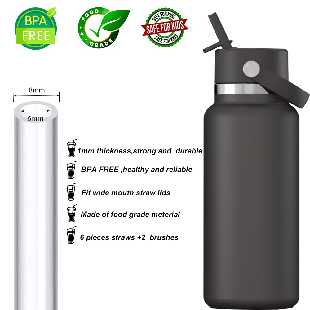 6-Pack Replacement Straws for Hydro Flask Wide Mouth Water Bottle, BPA Free 6 Straws and 2 Straw Cleaning Brushes (Fit for Hydroflask Bottles)