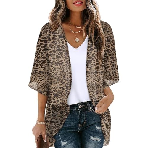 OFEEFAN Beach Cover Ups for Women 3/4 Length Sleeve Womens Tops Summer Cardigan Casual Blouses Loose Fit