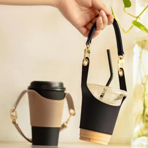 VIZEMO Coffee Cup Holder Tea Cup Protective Sleeve, Water Bottle Holder PU Leather Pouch, Outdoor Camping Shopping Travel cup Sling(Win Red)
