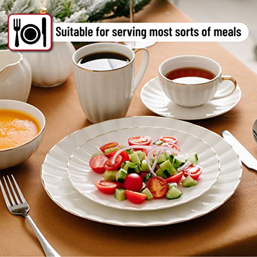 8 Inch White Dessert Plates Set of 6 with Gold Trim - Porcelain Small Appetizer Plates