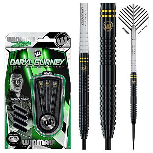 Winmau Daryl Gurney Black Special Edition Tungsten Steeltip Darts Set 23g with Player Flights and Prism Shafts (Stems)